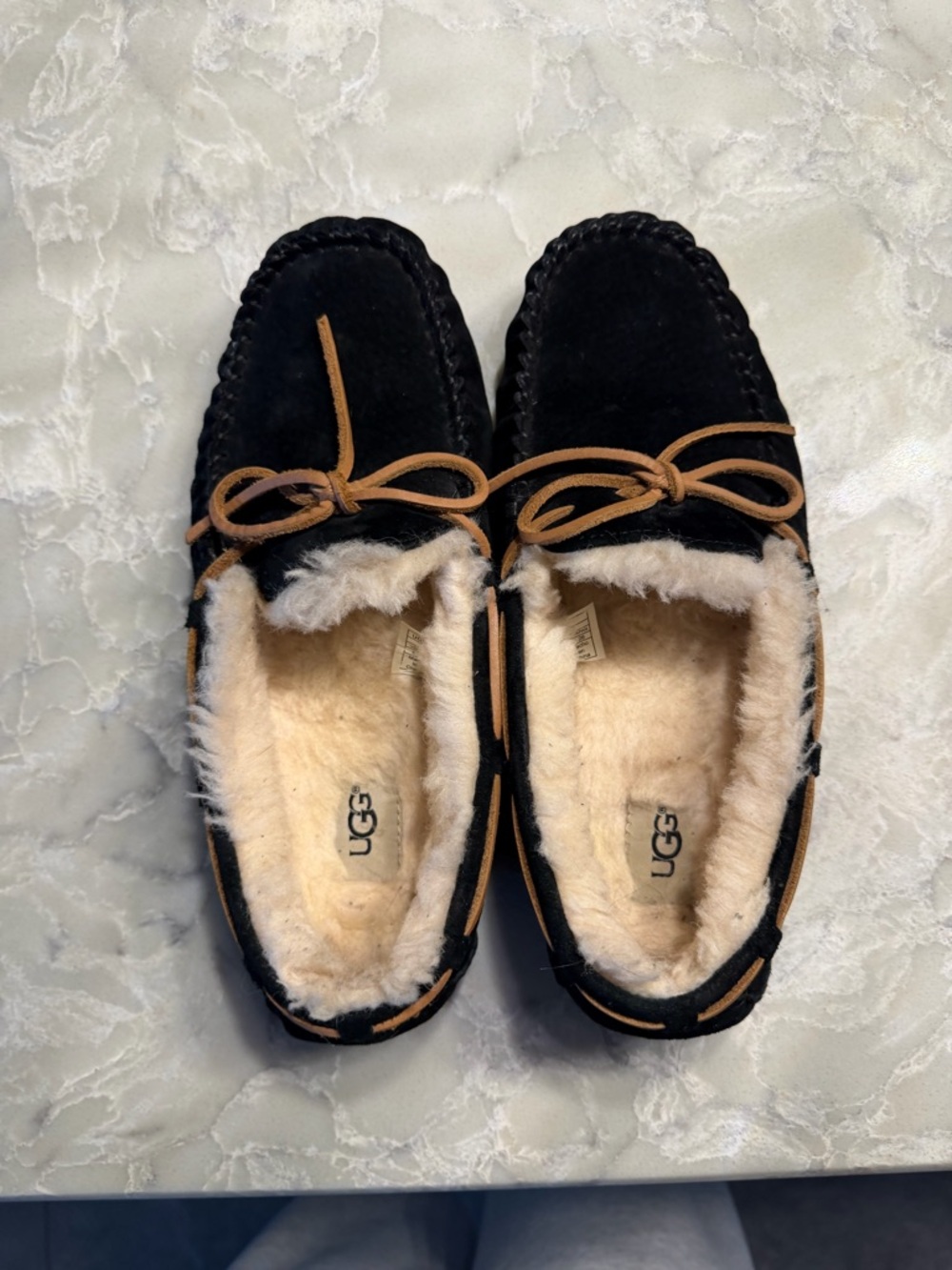 UGG Black Suede Moccasin Slippers with Chestnut Trim